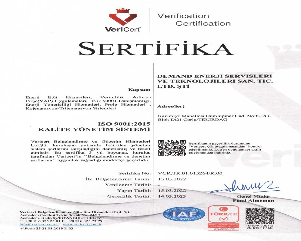 ISO 9001:2015 Kalite Yönetim Sistemi Sertifikası
